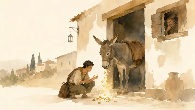 Donkey That Lays Money — watercolor illustration of a young Tuscan man watching a magical donkey produce gold coins.