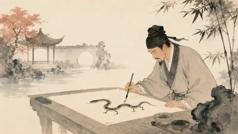 Drawing Legs on a Snake — watercolor illustration of a scholar painting extra legs on a snake drawn across a scroll.