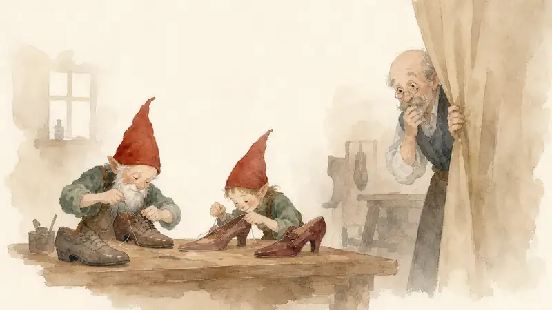 Elves and the Shoemaker — watercolor illustration of two tiny elves sewing shoes while an old shoemaker watches.