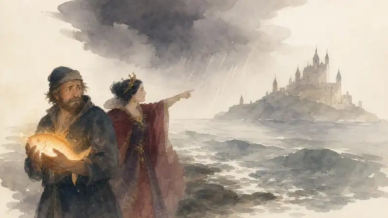 Fisherman and His Wife — watercolor illustration of a fisherman holding an enchanted fish as his wife points toward a palace.