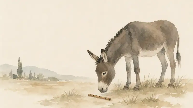 Flute-Playing Donkey — watercolor illustration of a donkey standing alone in a quiet field beside a small flute.