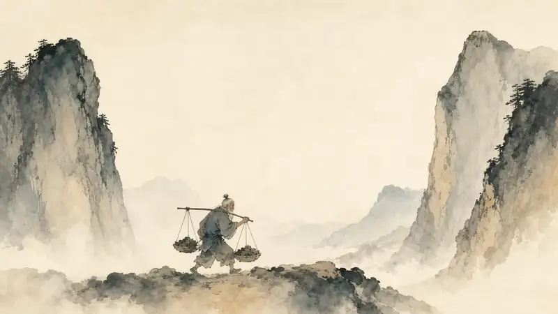 Foolish Old Man Moves the Mountains — watercolor illustration of an old man carrying baskets on a shoulder pole between towering mountains.