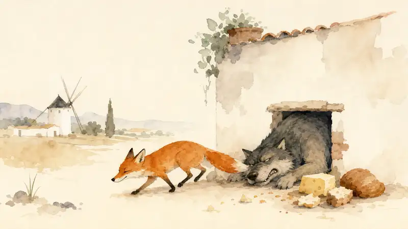 Foolish Wolf and the Clever Fox — watercolor illustration of a fox escaping while an overfed wolf is stuck in a farmhouse opening.