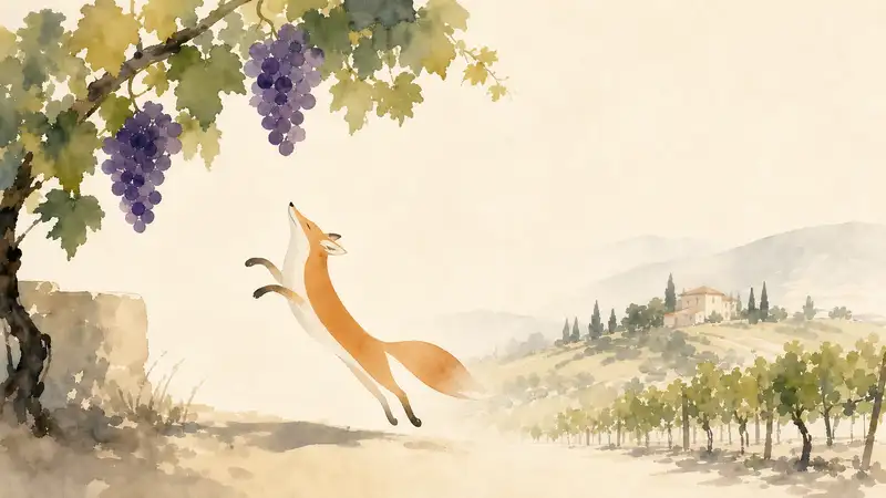 Fox and the Grapes — watercolor illustration of a fox leaping beneath a vine heavy with purple grapes.