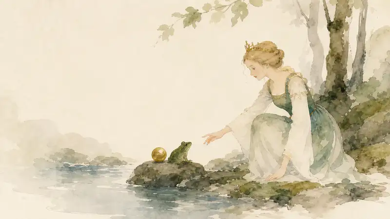 Frog Prince — watercolor illustration of a princess reaching toward a frog beside a golden ball at the water’s edge.