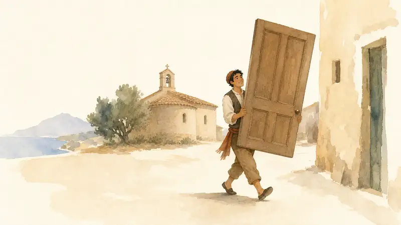 Giufà and the Door — watercolor illustration of Giufà carrying a large wooden door through a village street.