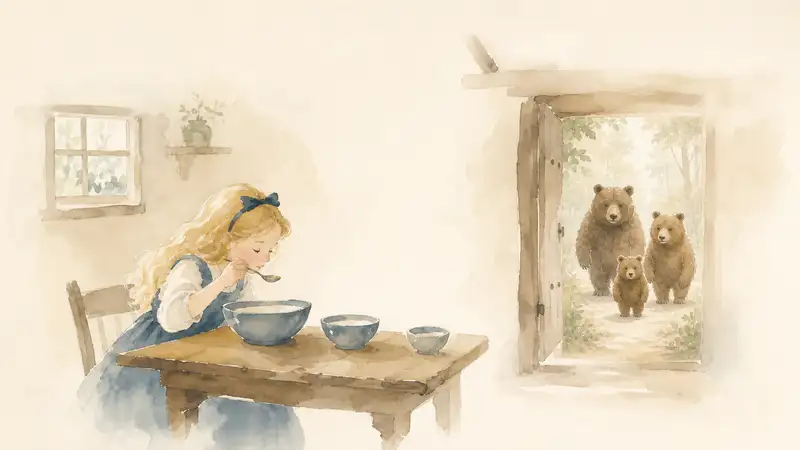 Goldilocks and the Three Bears — watercolor illustration of Goldilocks seated at a table of bowls as a bear appears in the doorway.