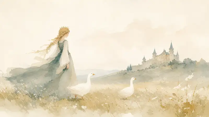 Goose Girl — watercolor illustration of a young woman walking with white geese across a meadow toward a distant castle.