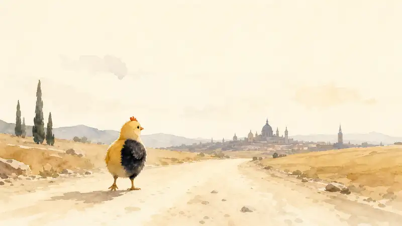 Half-Chick — watercolor illustration of a one-legged chick standing alone on a country road.
