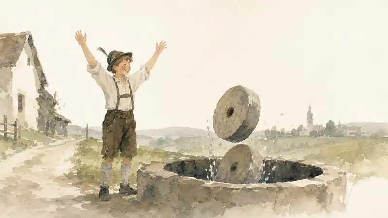 Hans in Luck — watercolor illustration of a cheerful Hans watching two heavy stones tumble into a well.