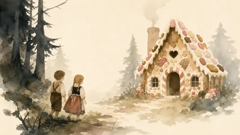 Hansel and Gretel — watercolor illustration of Hansel and Gretel approaching a gingerbread house deep in the forest.