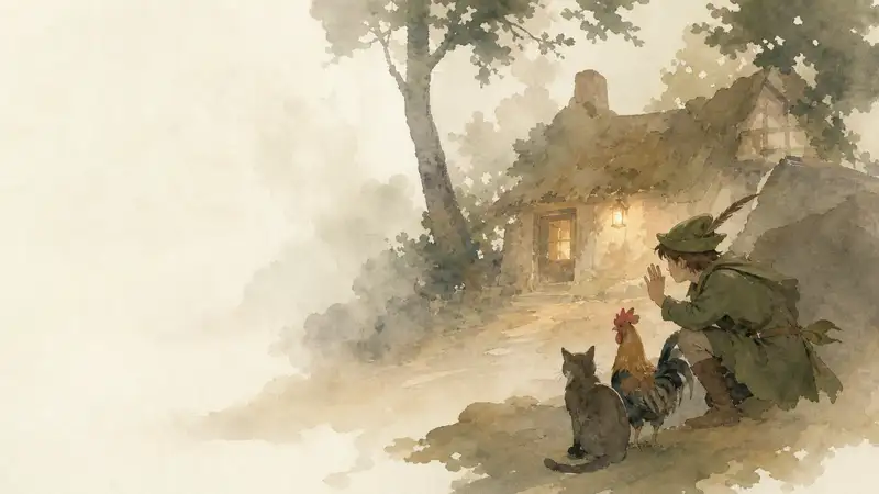 How Jack Went to Seek His Fortune — watercolor illustration of Jack, a cat, and a rooster preparing to surprise robbers in a woodland cottage.