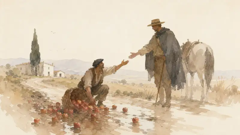 If God Wills It — watercolor illustration of a muddy Spanish farmer gathering spilled apples as a traveler offers help.