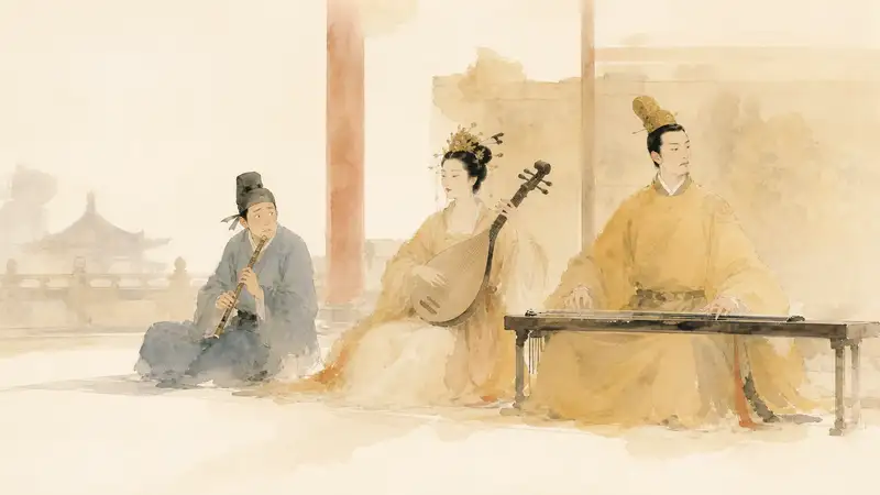 Impostor in the Orchestra — watercolor illustration of court figures gathered around a musician playing a traditional zither.