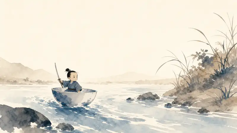Issun-boshi — watercolor illustration of tiny Issun-bōshi sailing through river rapids in a bowl with a chopstick.
