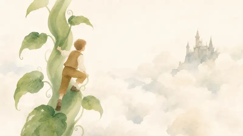 Jack and the Beanstalk — watercolor illustration of Jack climbing a giant beanstalk toward a castle in the clouds.