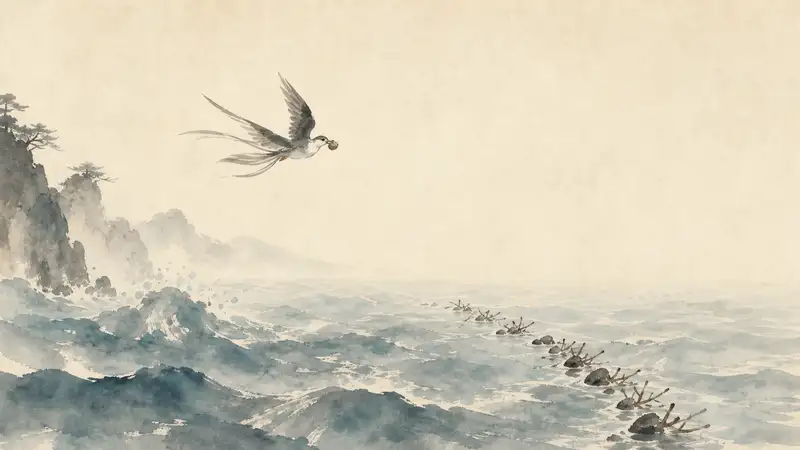 Jingwei Fills the Sea — watercolor illustration of the tiny bird Jingwei carrying a stone above a vast rolling sea.