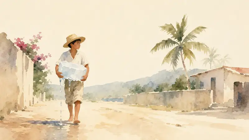 Juan Bobo Goes to Market — watercolor illustration of Juan Bobo carrying a large parcel along a tropical village road.