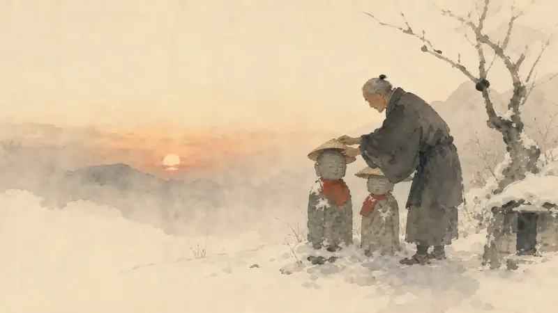 Kasajizo — watercolor illustration of an old man placing straw hats on snow-covered Jizo statues.