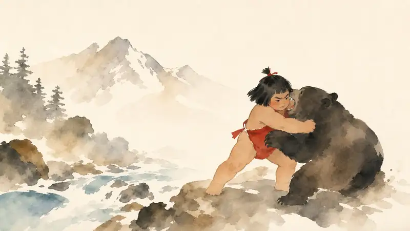 Kintaro — watercolor illustration of Kintarō wrestling a bear beside a mountain stream.