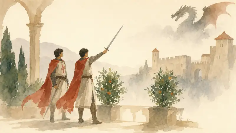 Knights of the Fish — watercolor illustration of twin Spanish knights beside two green plants facing a distant dragon.
