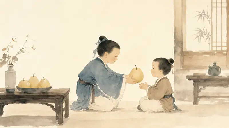 Kong Rong Gives Away the Pears — watercolor illustration of young Kong Rong offering a pear to an older family member.