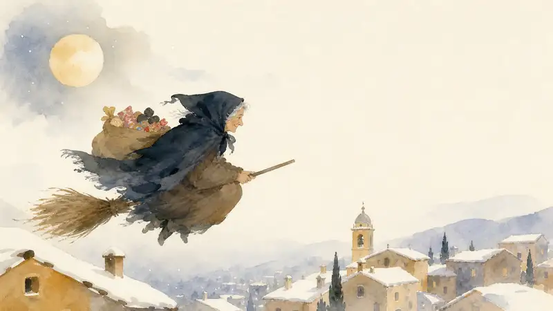 Befana — watercolor illustration of La Befana flying on a broom across a moonlit Italian village.