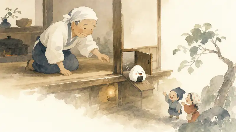Laughing Dumpling — watercolor illustration of an elderly Japanese cook following a smiling rice ball through a tiny door.