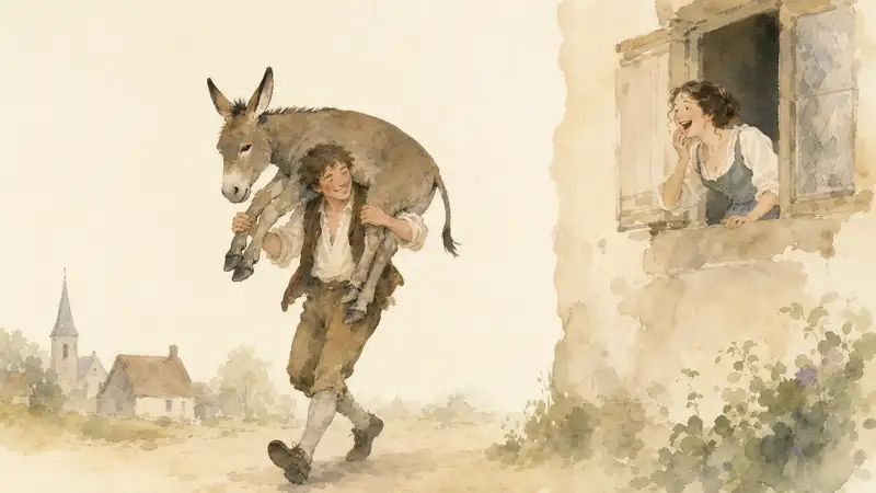 Lazy Jack — watercolor illustration of Jack carrying a donkey across his shoulders while a young woman laughs from a window.