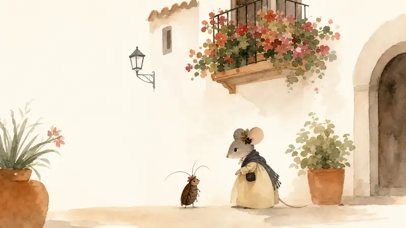 Little Cockroach Martina — watercolor illustration of a dressed mouse greeting little Martina beneath a flowered balcony.