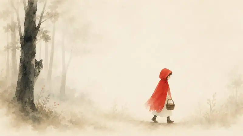 Little Red Riding Hood — watercolor illustration of Little Red Riding Hood walking alone through a misty forest.