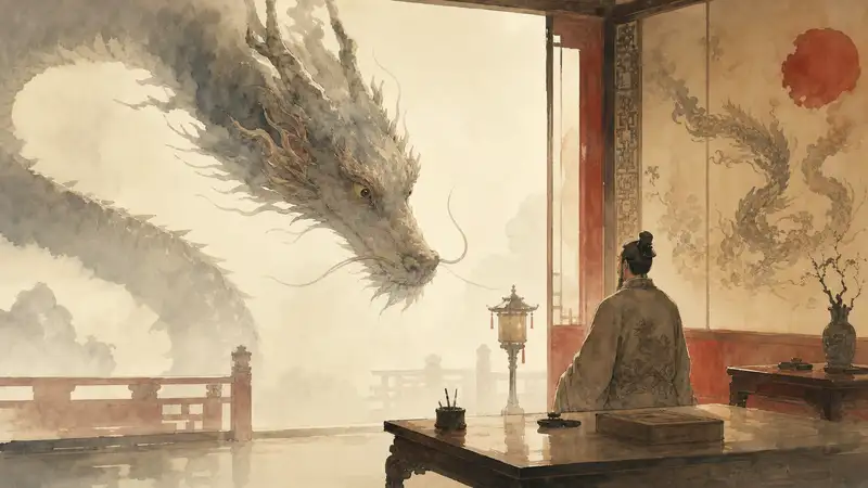 Lord Ye Loves Dragons — watercolor illustration of a real dragon peering into Lord Ye’s room as he paints a dragon.
