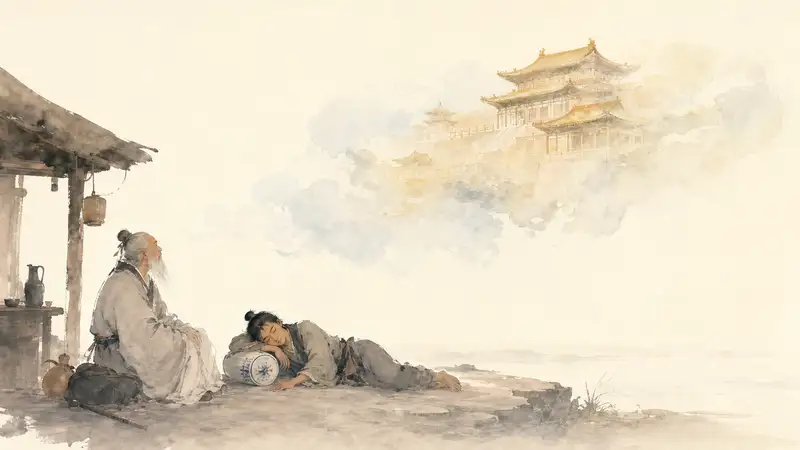 Magic Pillow — watercolor illustration of a Chinese traveler sleeping on a ceramic pillow as a dream palace floats above him.