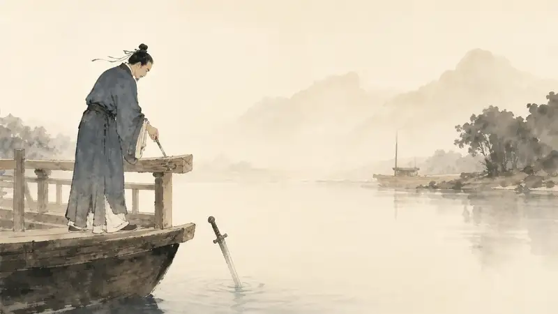 Marking the Boat for a Sword — watercolor illustration of a man marking the side of a boat after his sword falls into the river.
