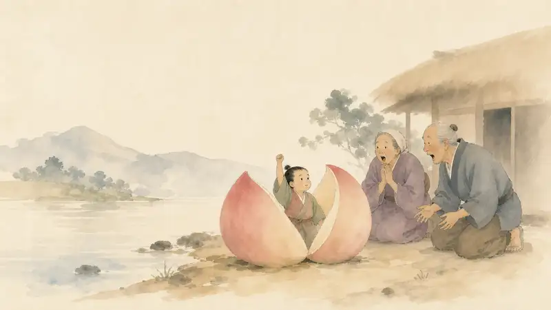 Momotaro — watercolor illustration of an elderly couple discovering baby Momotarō inside a giant peach.