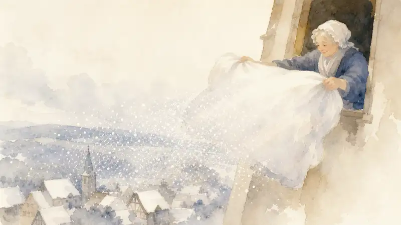 Mother Holle — watercolor illustration of Mother Holle shaking white bedding from a window above a snowy village.
