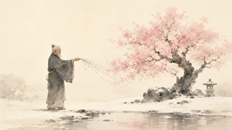 Old Man Who Made Flowers Bloom — watercolor illustration of an old man raising his hand toward a cherry tree bursting into bloom.