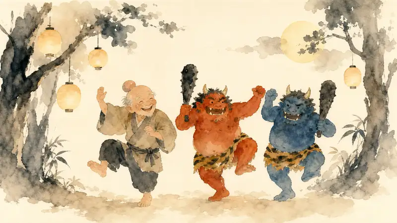 Old Man with a Lump — watercolor illustration of an old man dancing with three colorful oni beneath lanterns.