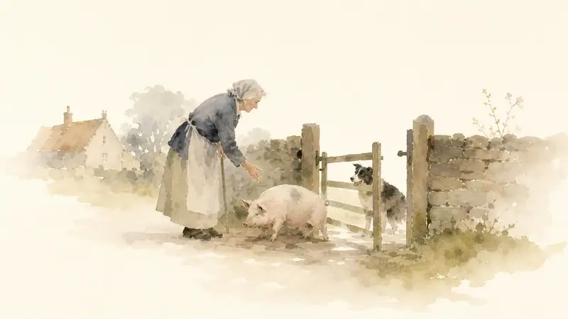 Old Woman and Her Pig — watercolor illustration of an elderly English woman coaxing a stubborn pig through a country gate.