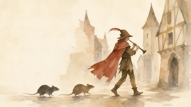 Pied Piper of Hamelin — watercolor illustration of the Pied Piper playing his flute as rats follow through the town.