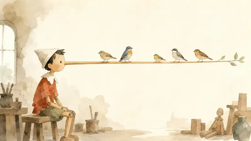 Pinocchio and the Long Nose — watercolor illustration of Pinocchio sitting with birds perched along his impossibly long nose.