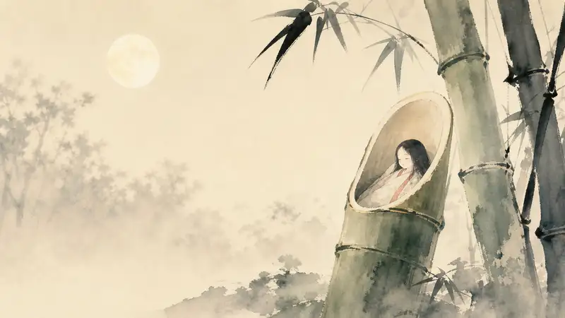 Princess Kaguya — watercolor illustration of baby Princess Kaguya glowing inside a cut bamboo stalk.