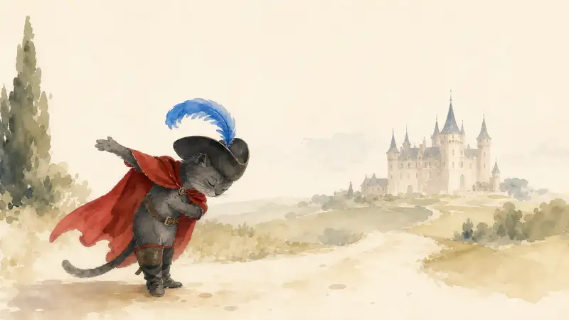Puss in Boots — watercolor illustration of Puss in Boots striding toward a castle in a feathered hat and cape.