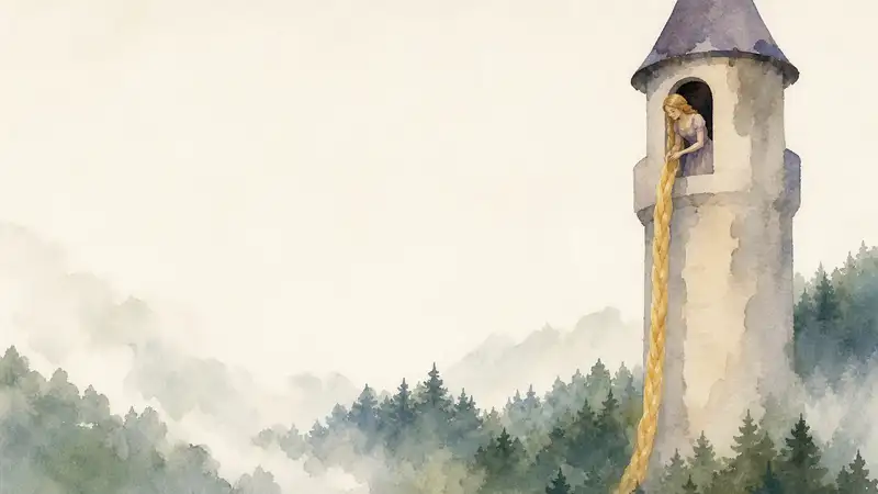 Rapunzel — watercolor illustration of Rapunzel lowering her long golden hair from a high tower window.