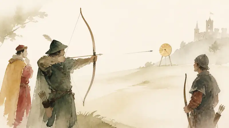 Robin Hood and the Golden Arrow — watercolor illustration of a disguised Robin Hood striking the center of a golden archery target as nobles and rival bowmen watch.