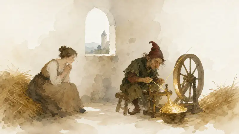 Rumpelstiltskin — watercolor illustration of Rumpelstiltskin beside a spinning wheel with a worried young woman.