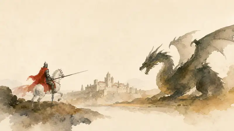 Saint George and the Dragon — watercolor illustration of Saint George riding toward a dragon outside a distant castle.