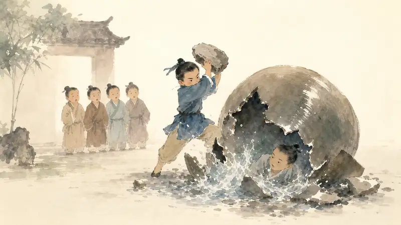 Sima Guang Smashes the Water Vat — watercolor illustration of Sima Guang breaking a giant water vat to rescue a child inside.