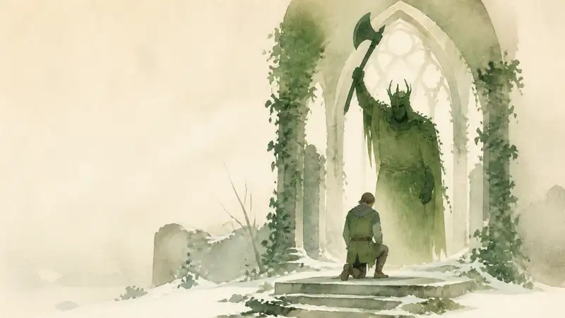 Sir Gawain and the Green Knight — watercolor illustration of Sir Gawain kneeling inside a wild green chapel as the enormous Green Knight raises an axe above him.