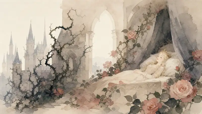 Sleeping Beauty — watercolor illustration of Sleeping Beauty resting in a castle bed surrounded by wild roses.